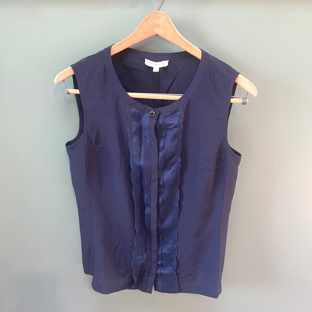 Tory Burch Navy Blue Sleeveless‎ Top Silk Ruffle Detail Blouse Size 8